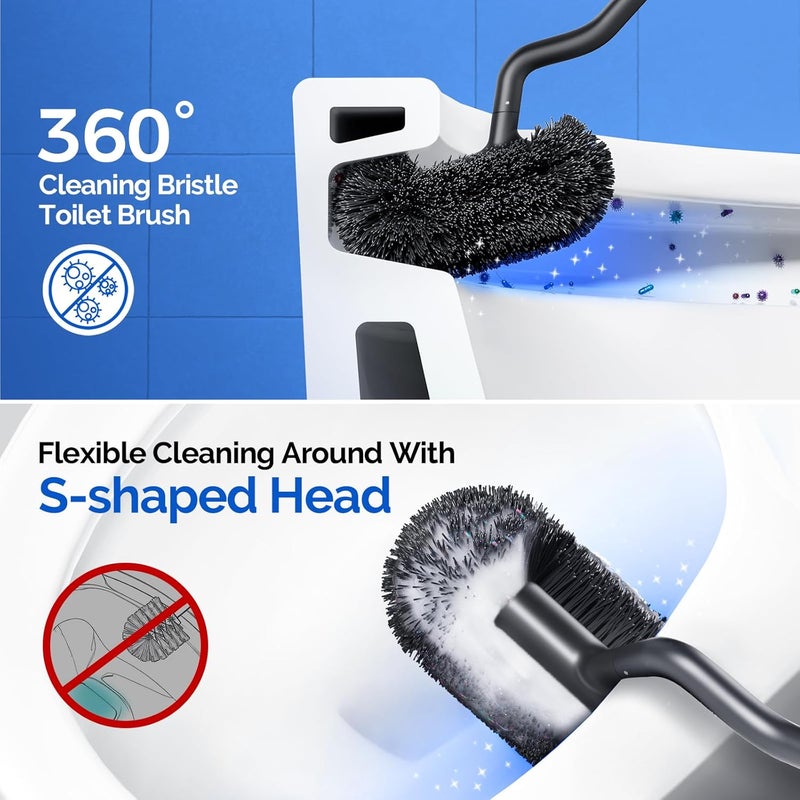 HAMITOR Toilet Brush and Holder Set: 304 Stainless Steel Rustproof Toilet Scrubber with Under Rim Deep Cleaning Curved Bristle - Bathroom Cleaner Brush for Renters Homeowners Family Silver 2 Pack - Image 2